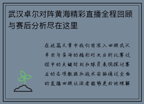 武汉卓尔对阵黄海精彩直播全程回顾与赛后分析尽在这里